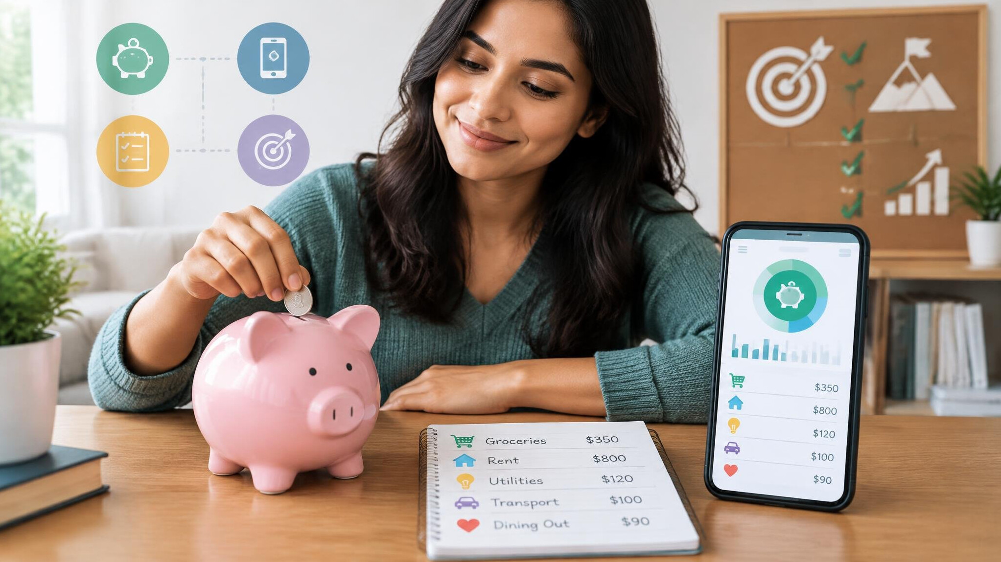 woman saving money in piggy bank